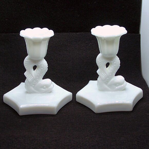 VTG - A pair of Milk Glass, Westmoreland Koi/Dolphin, Candlestick Holders - Picture 1 of 9
